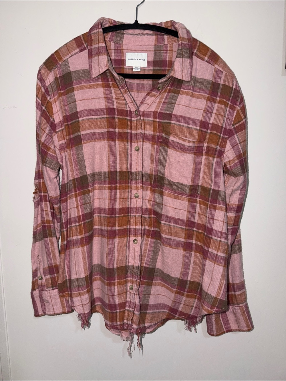 American Eagle Outfitters Pink and Brown Plaid Button-Down Shirt